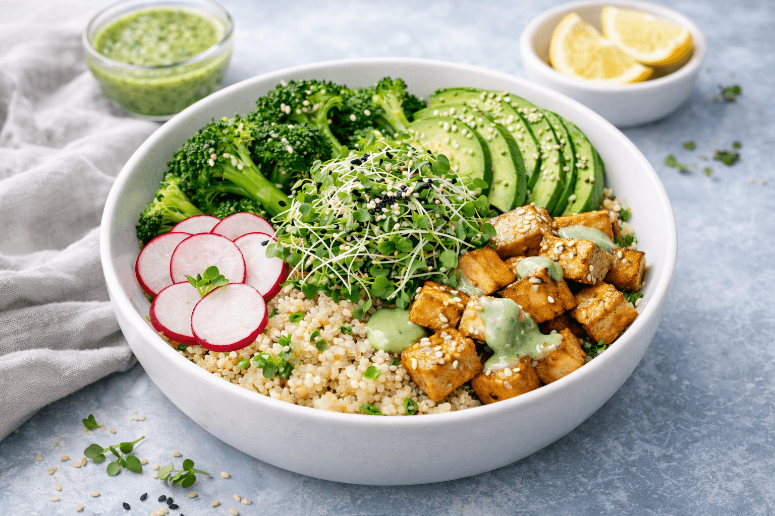 Broccoli Sprout Quinoa Bowl with Mustard-Lemon Dressing