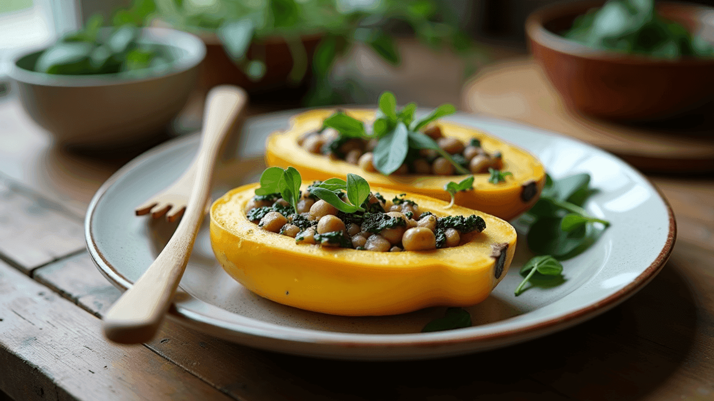 Savory Chickpea and Spinach Stuffed Squash Boats