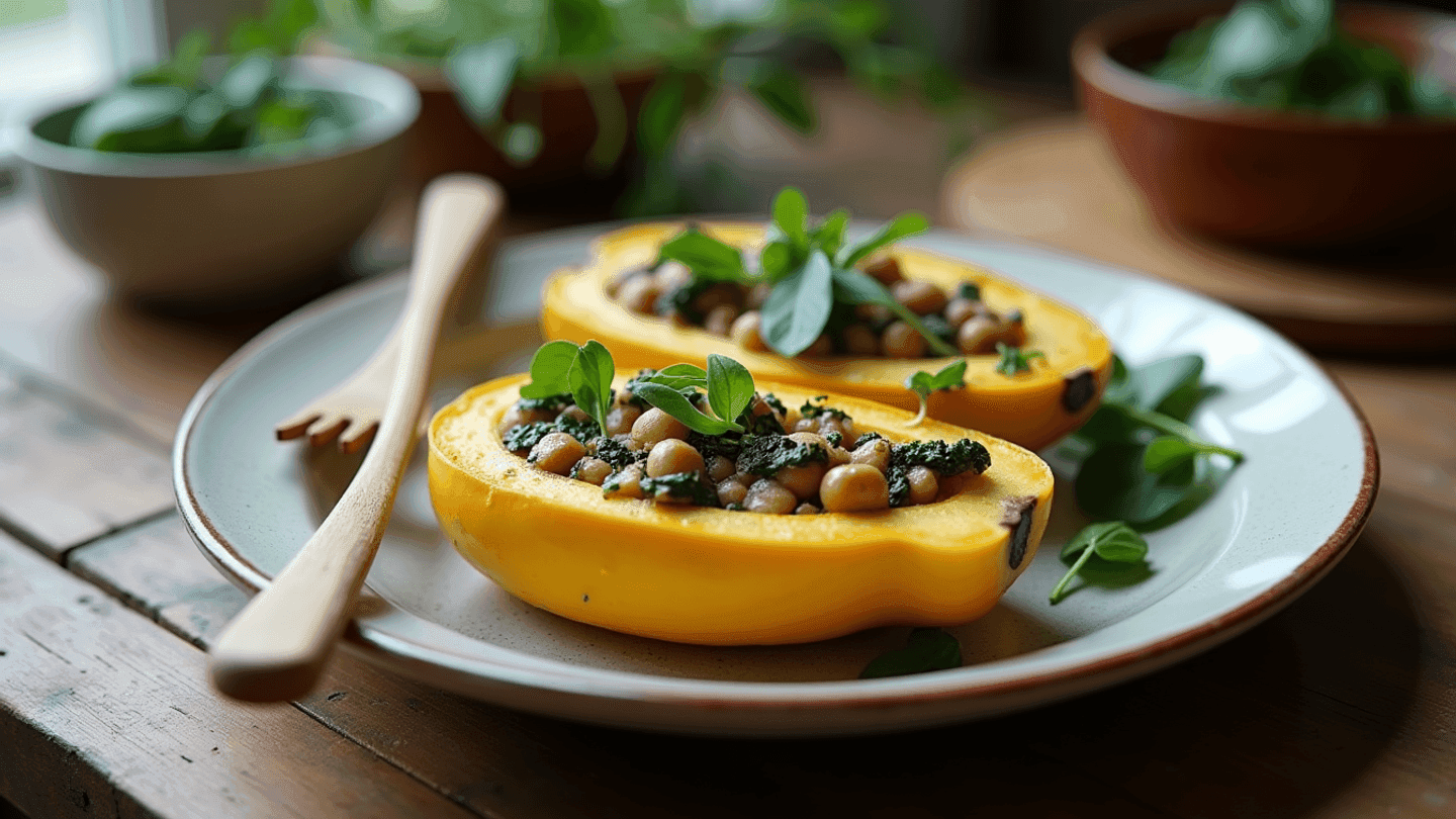 Savory Chickpea and Spinach Stuffed Squash Boats